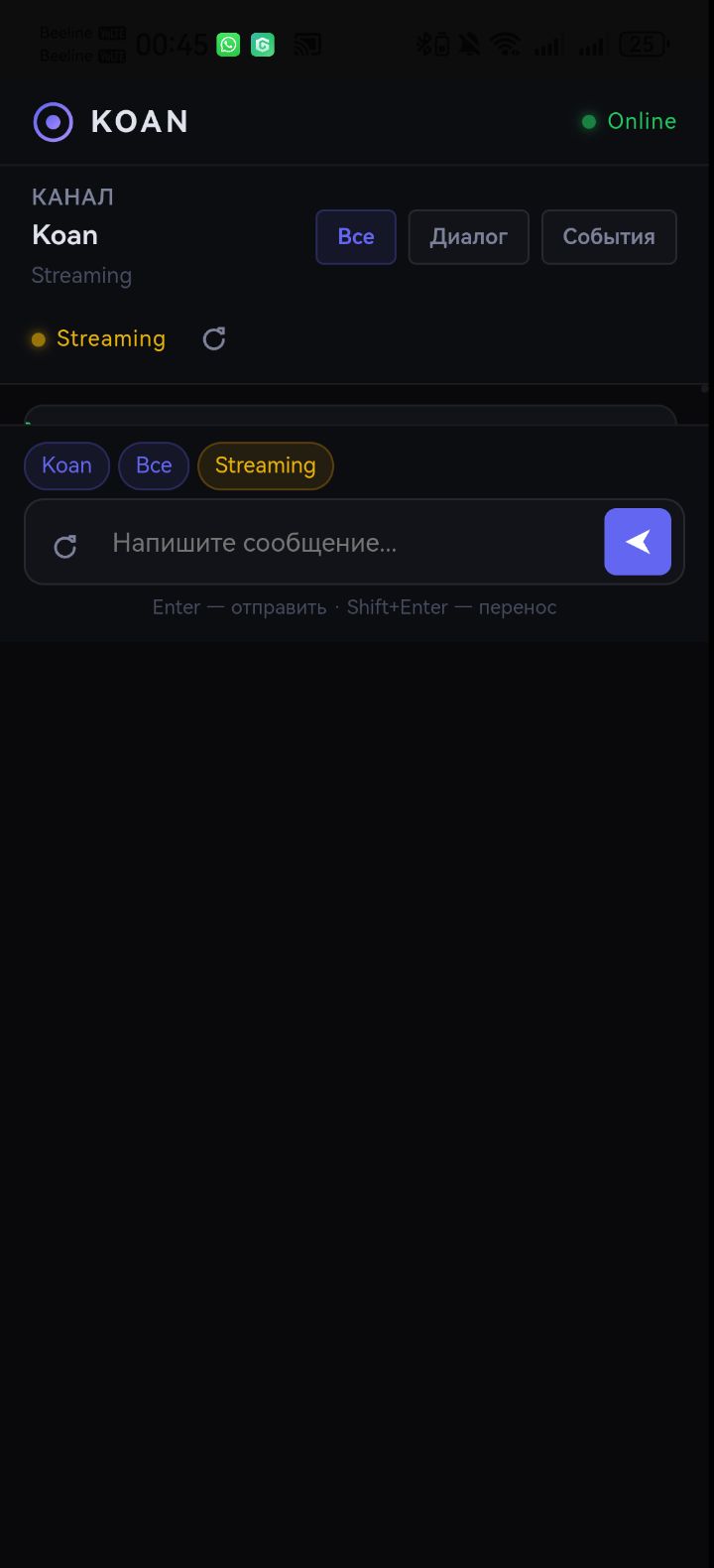 Koan Satellite mobile interface showing feed items, reviews, and the message input area